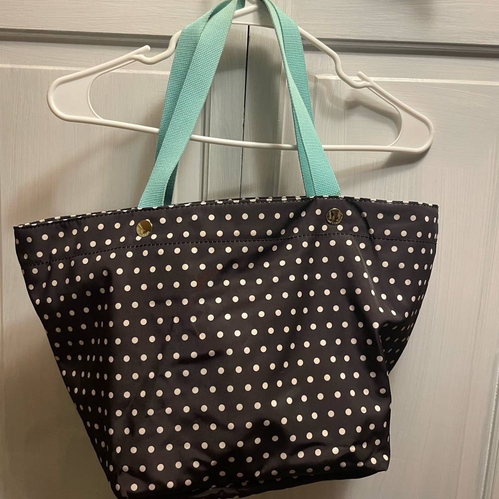 Fossil Black Polka Dot Tote with Aqua Handles